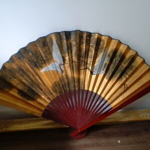 Antique 1920's hand painted gilted crane fan